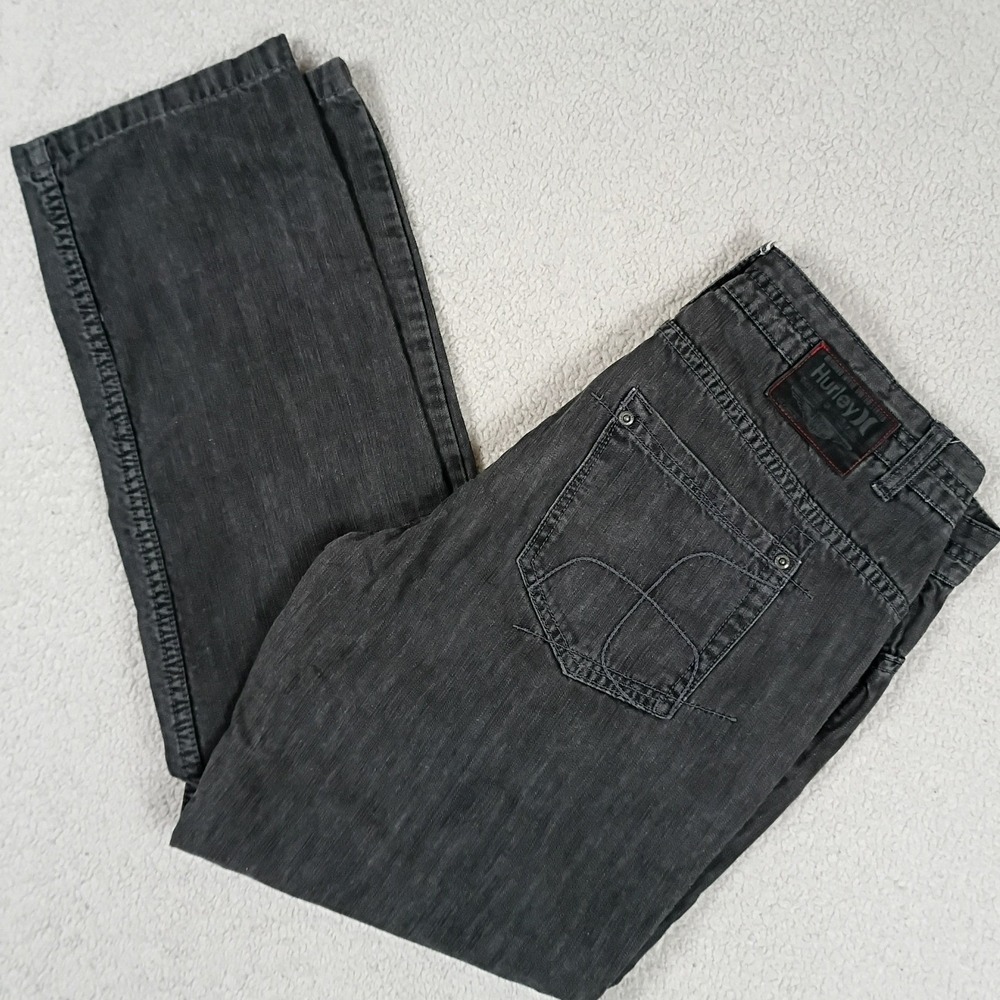 Hurley Y2K Slim Straight Denim Jeans Mens 34X34 Black Streak Skater Button Fly
